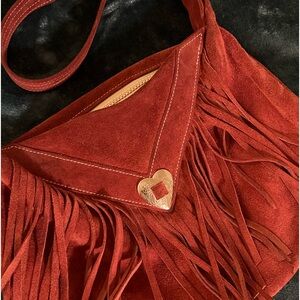 Leather Suede Fring Shoulder Purse/Bag with Metal Heart